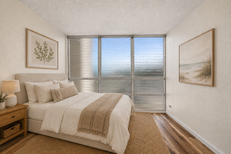 Bedroom with jalousie windows and coastal artwork