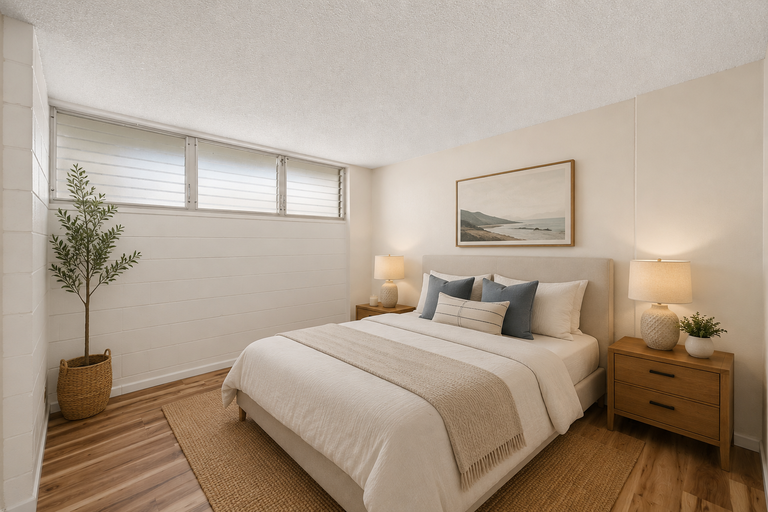 Bedroom with queen bed, nightstands, coastal artwork and potted olive tree