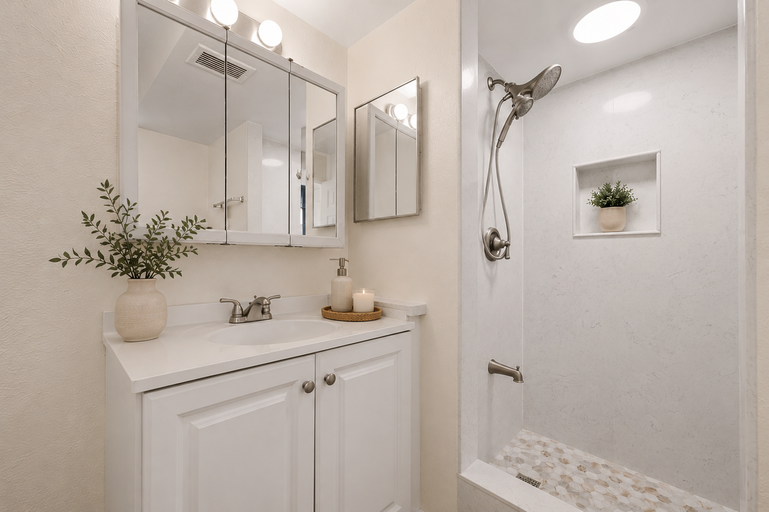 Bathroom vanity close-up with quartz counter and tiled shower niche