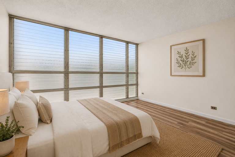 Second bedroom with large jalousie windows and warm wood floors