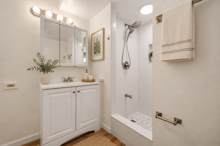 Refreshed bathroom with white vanity, medicine cabinet and walk-in shower