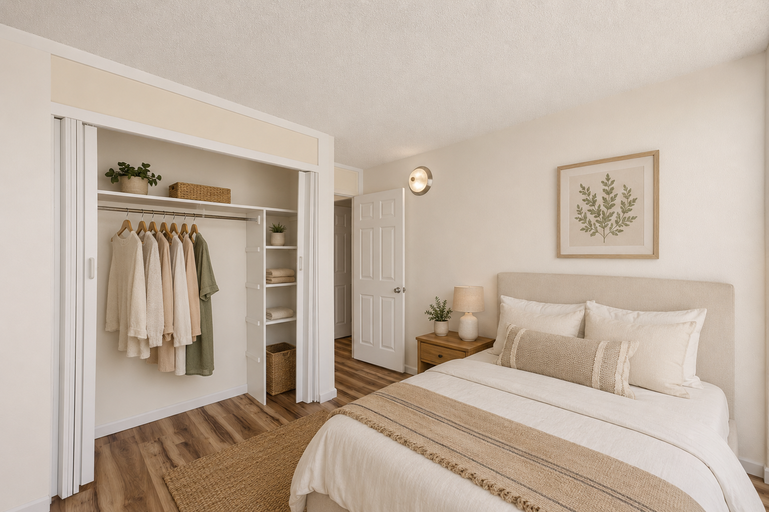 Primary bedroom with upholstered bed and open closet