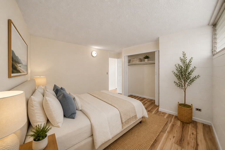 Bedroom view showing open closet, jalousie window and wood flooring